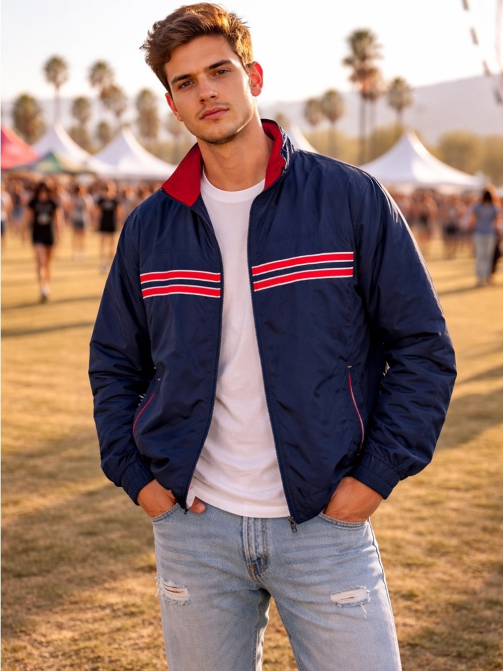 Vintage WILSON Men's Navy Windbreaker Jacket with Red Trim| size XL